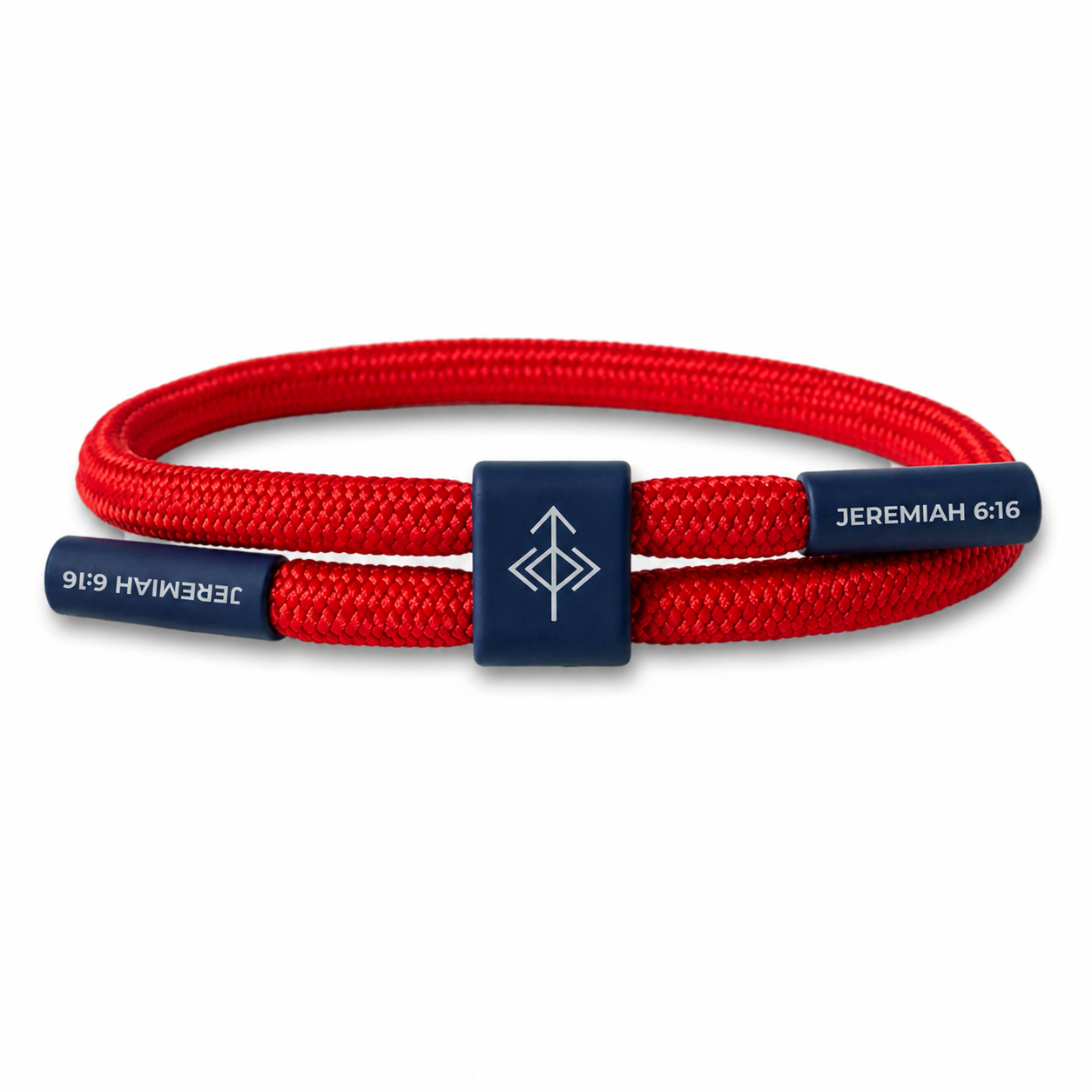 Seek Wisdom bracelet with red cord and navy accents featuring Jeremiah 6:16 verse packaging