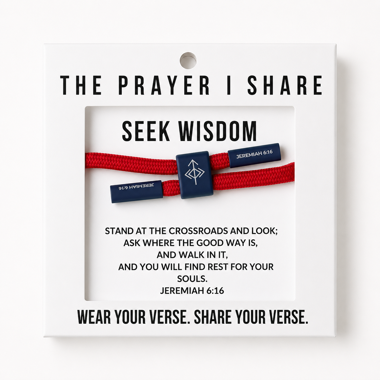 Seek Wisdom bracelet with red cord and navy accents featuring Jeremiah 6:16 verse packaging